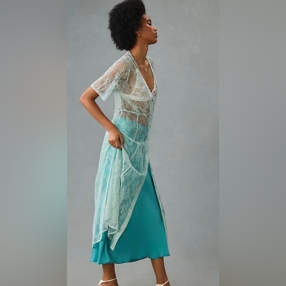 By Anthropologie Sheer Lace Buttondown Midi Dress in Mint - Picture 2 of 7